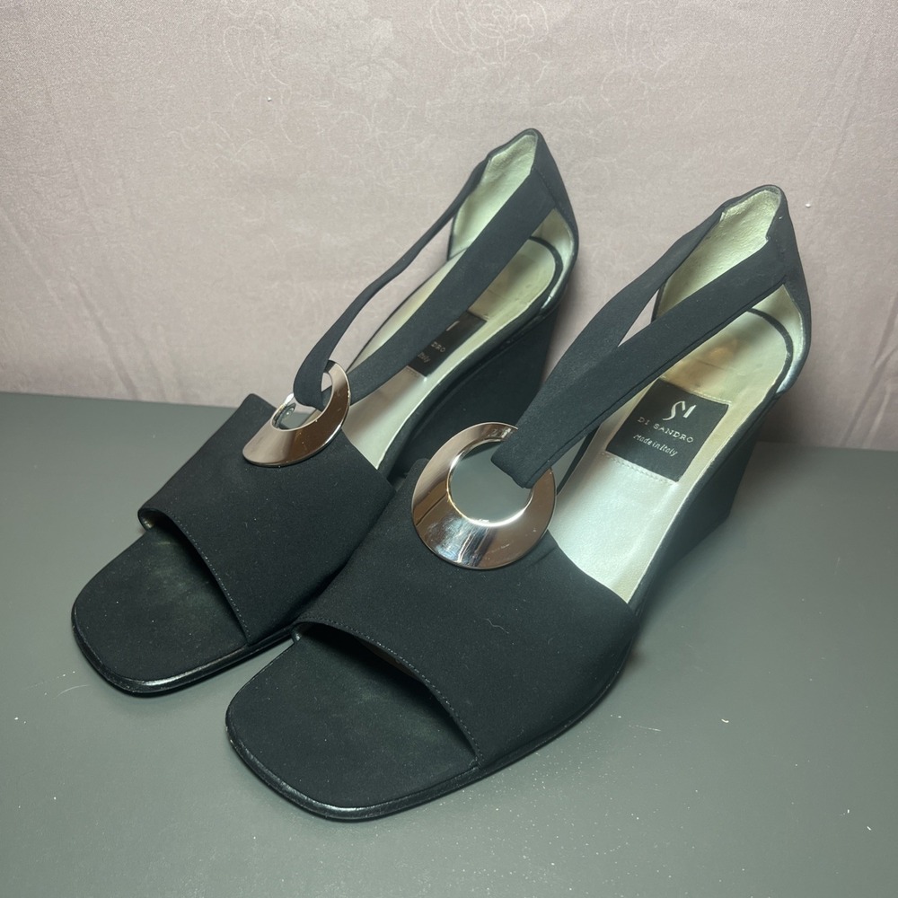 Di SandroI Black Cuir Leather Wedge‎ Heel Sandal Ankle Strap Size EU 40.5 US 9.5